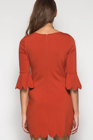 Burnt Orange Mid Sleeve Scalloped Dress