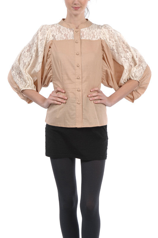 Tan Blouse With Lace Detailed Sleeves