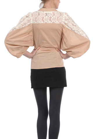 Tan Blouse With Lace Detailed Sleeves