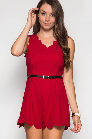 Red Sleeveless Romper with Scalloped Edges