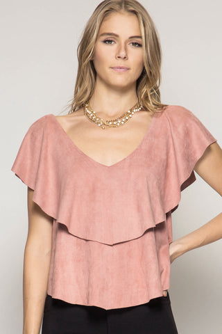 Suede Top With Neck Ruffles