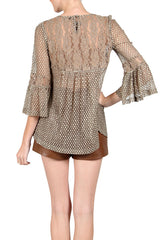 Sheer Olive Blouse with Lace and Polka Dot Detail