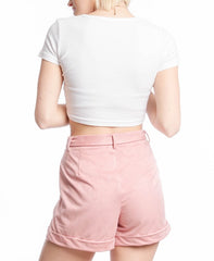 Pink Suede Shorts With Front Tie